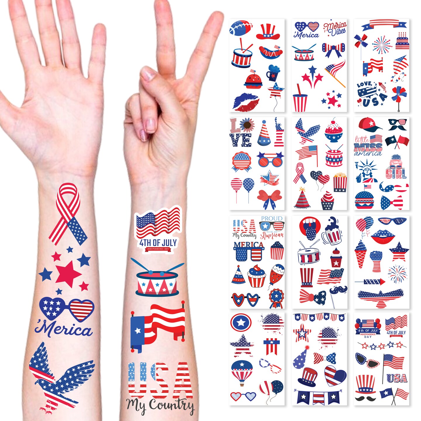 4E&#x2019;s Novelty Patriotic Temporary Tattoos 100 Pcs, 4th of July Tattoos for Kids, American Flag Temporary Tattoos, Waterproof Fake Tattoos for Independence Day Party Supplies, Memorial Day Decorations