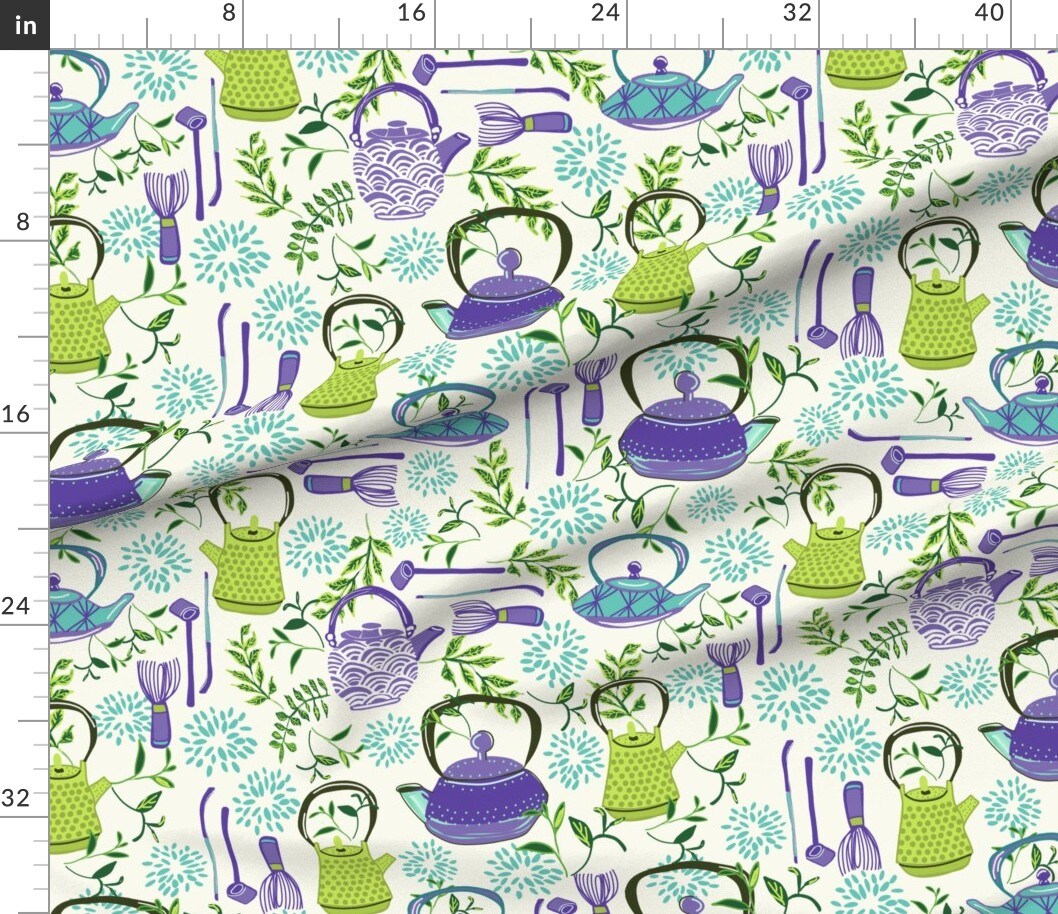Various Fabrics by the Yard or Fat Quarter Traditional Tea Time Matcha Japanese Ceremony Lilac Floral Botanical Green Teapots Leaves Whisk Purple Bohemian Custom Printed Fabric by Spoonflower