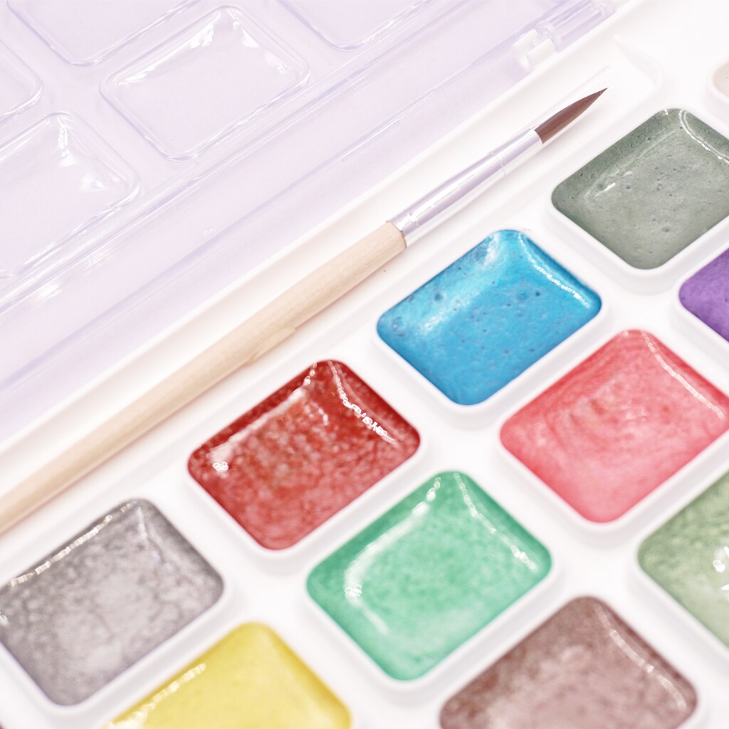 Angels Craft Pearlescent Semi-Moist Watercolor Paint Set Kit Includes 28 Colors &#x26; 1 Artist Brush