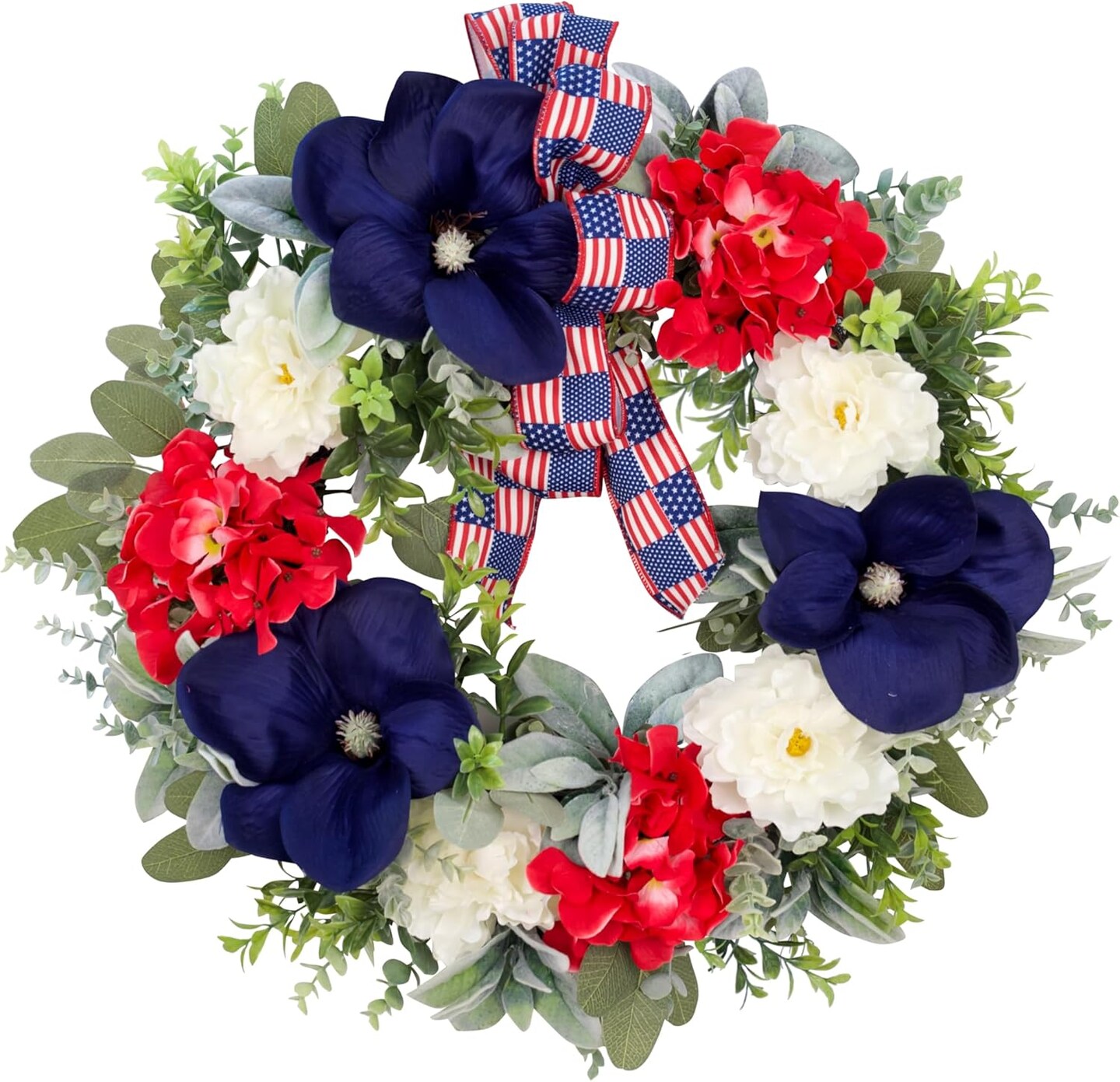 24 Inch Patriotic 4th of July Wreath for Front Door, Red White Blue Flower Summer Wreath