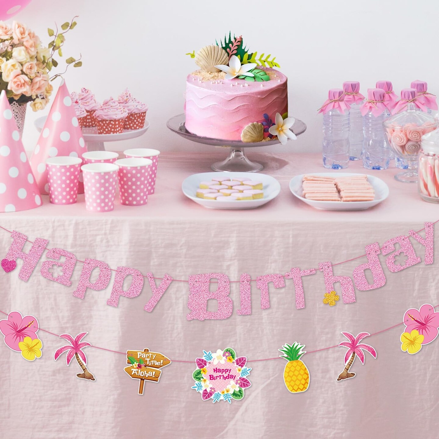Hawaiian Birthday Banner - Pink Tropical Happy Birthday Banner