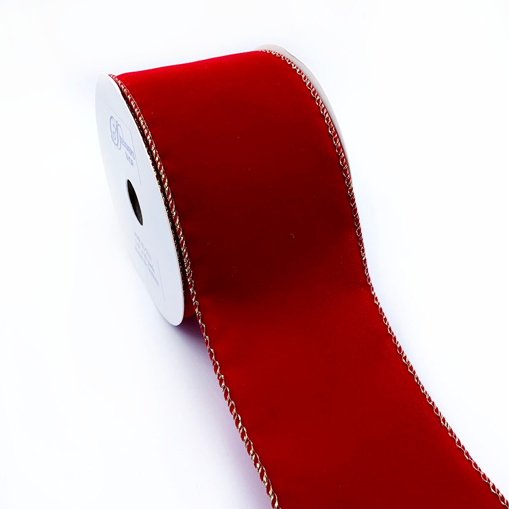 Designer&#x2019;s Shop WR 63-5111 Holiday Velvet Red with Metallic Gold wired edge ribbons (2.5&#x201D; x 10 yards)