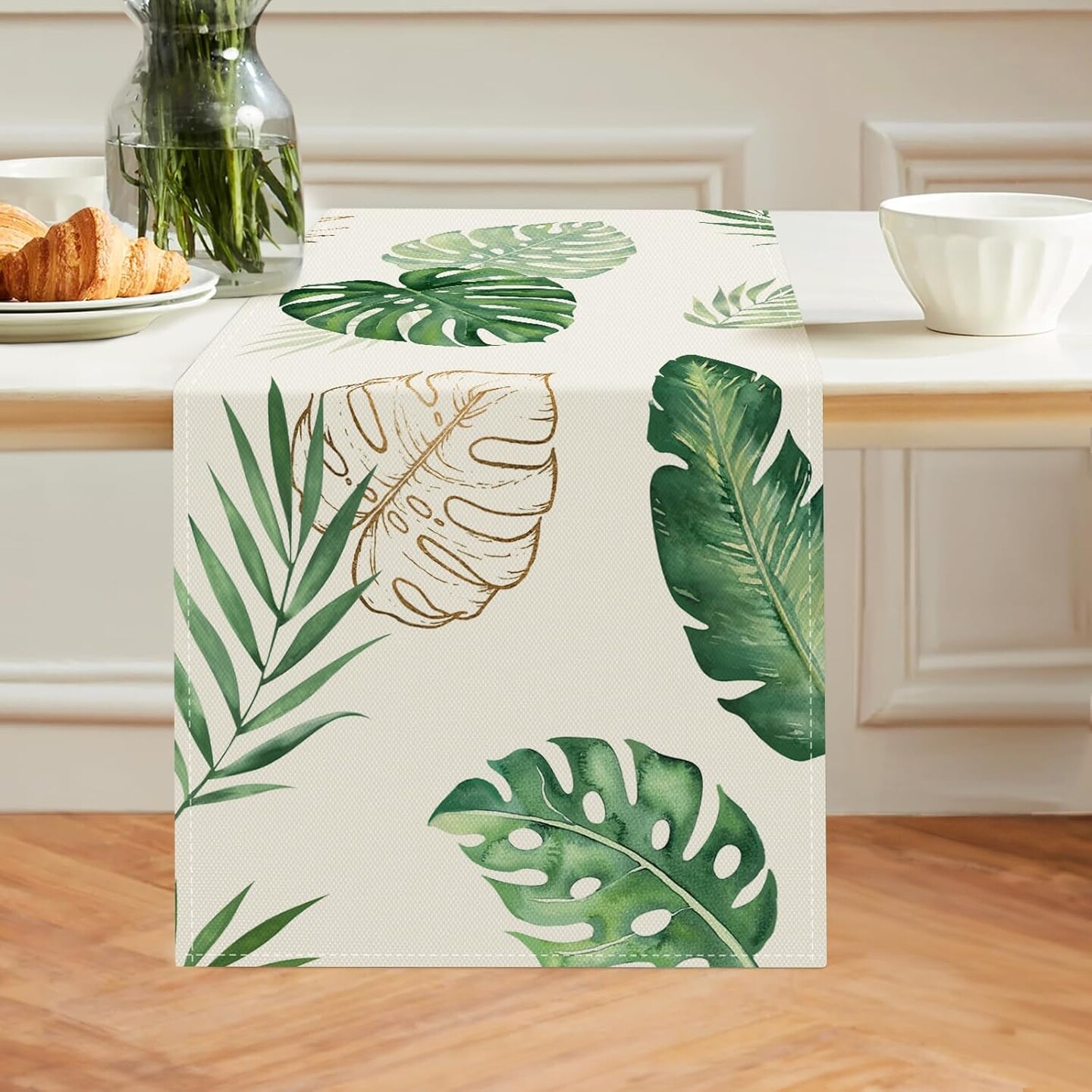 Tropical Palm & Monstera Leaf Table Runner, 13 x 90 Inches – Summer Green Botanical Dining Table Decor for Indoor & Outdoor Home Parties