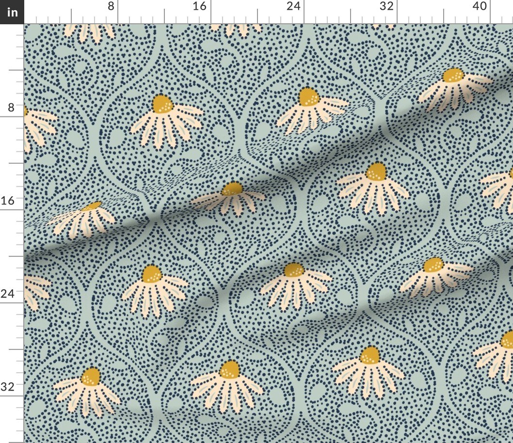 Cottagecore Botanical Blue Flowers Dots Meadow Coneflower Large Scale Cottage Floral Spring Summer Pow Wow Echinacea Garden White Yellow Custom Printed Fabric by Spoonflower Various Fabrics by the Yard or Fat Quarter