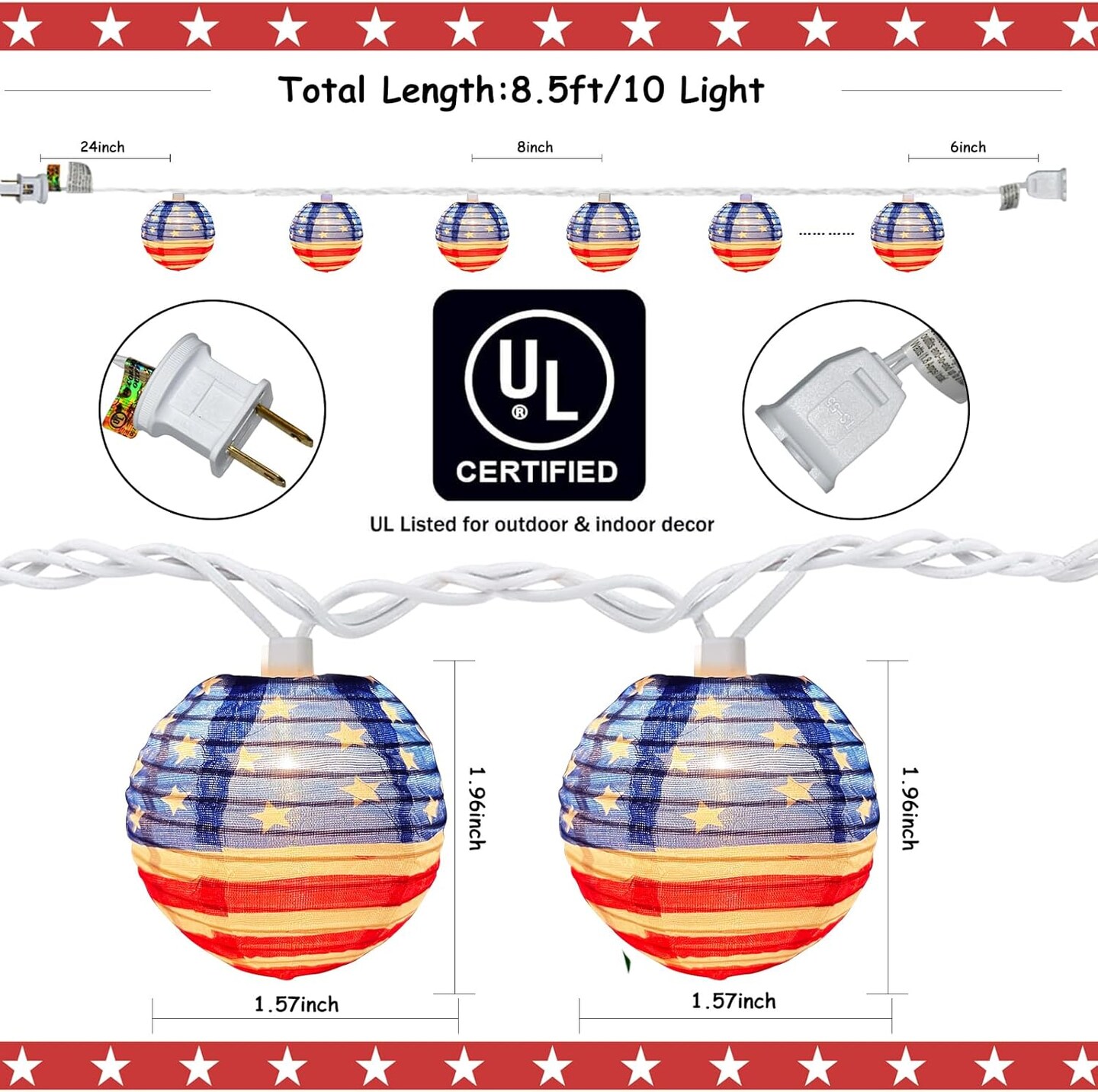 8.5FT Waterproof Nylon DIY American Flag Lantern String Lights