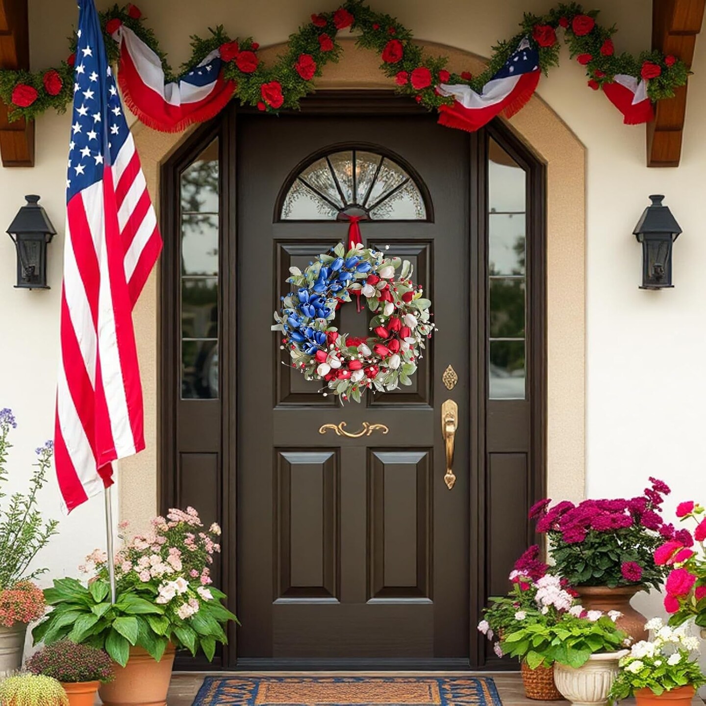 Tulip Flower Patriotic Wreaths Red White Blue Decor Memorial Day Independence Day 4th of July Flag Day Wreaths