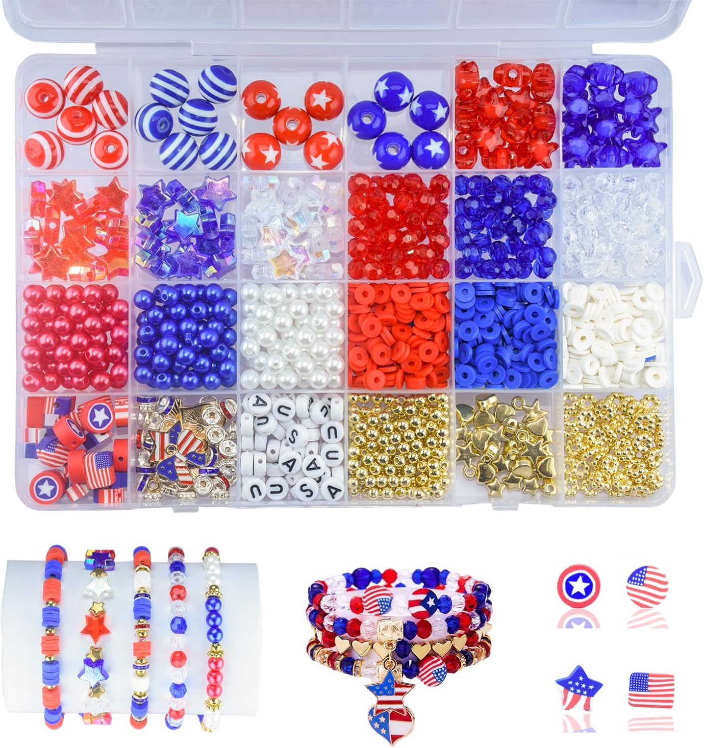 4th of July DIY Bead Kit (1608pcs), Patriotic USA Flag Color Beads, Stars, Letters & Charms for Jewelry & Craft Supplies