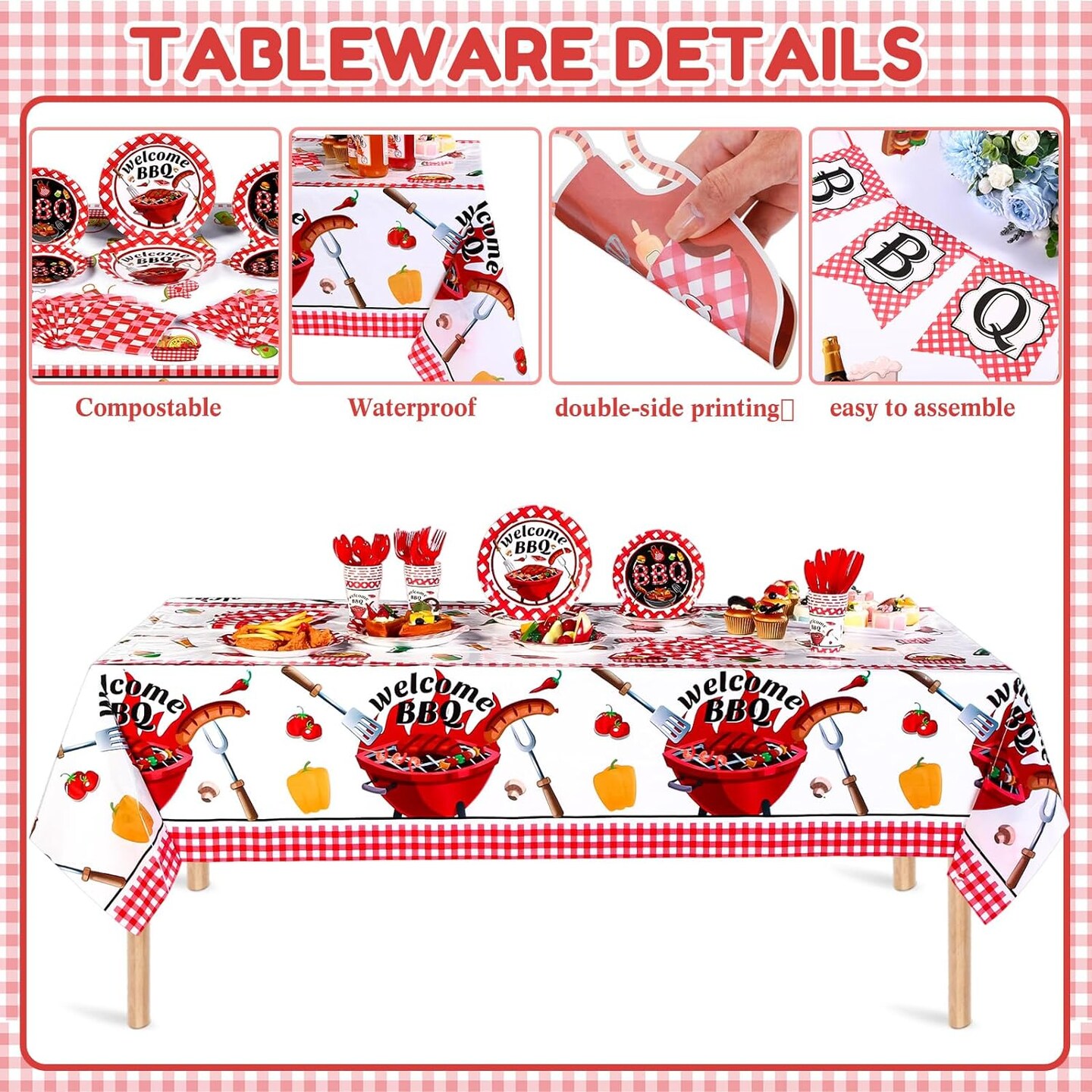 165 Pcs Summer BBQ Party Supplies Picnic Barbecue Decorations BBQ Background Cloth with Rope Picnic Plastic Tablecloth Barbecue Tableware Set