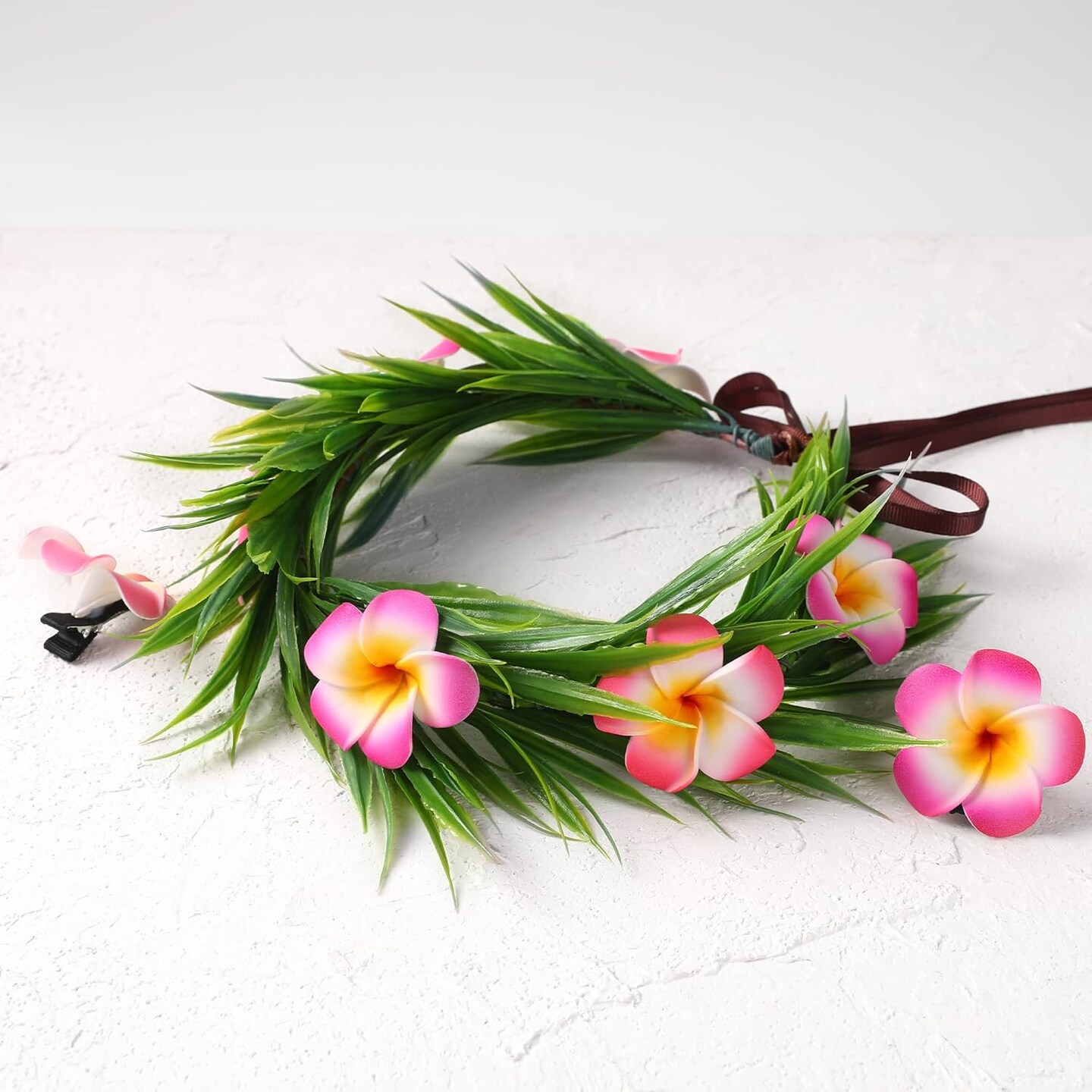 Hawaiian Flower Crown Headband - 3 Pcs Hawaiian Plumeria Flower Hair Clips Pink