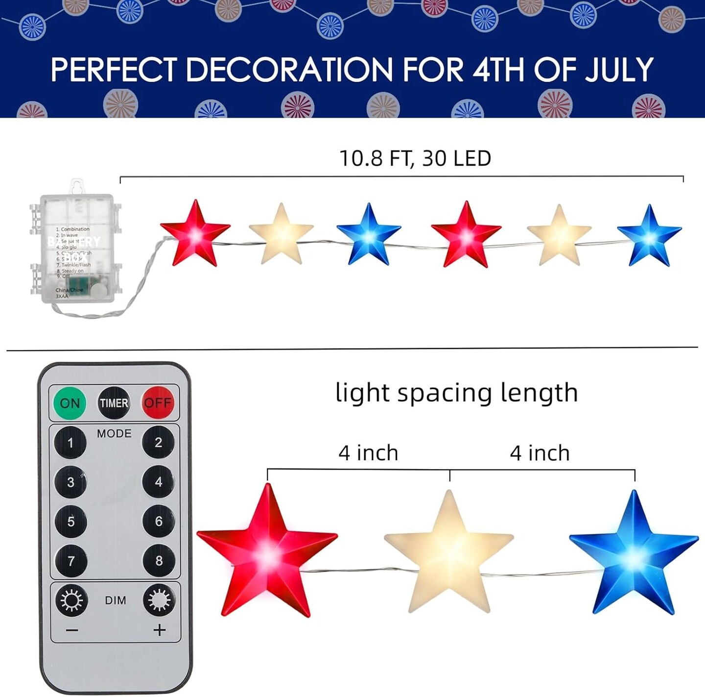 4th of July Decorations 11 FT 30 LED Red White and Blue Lights