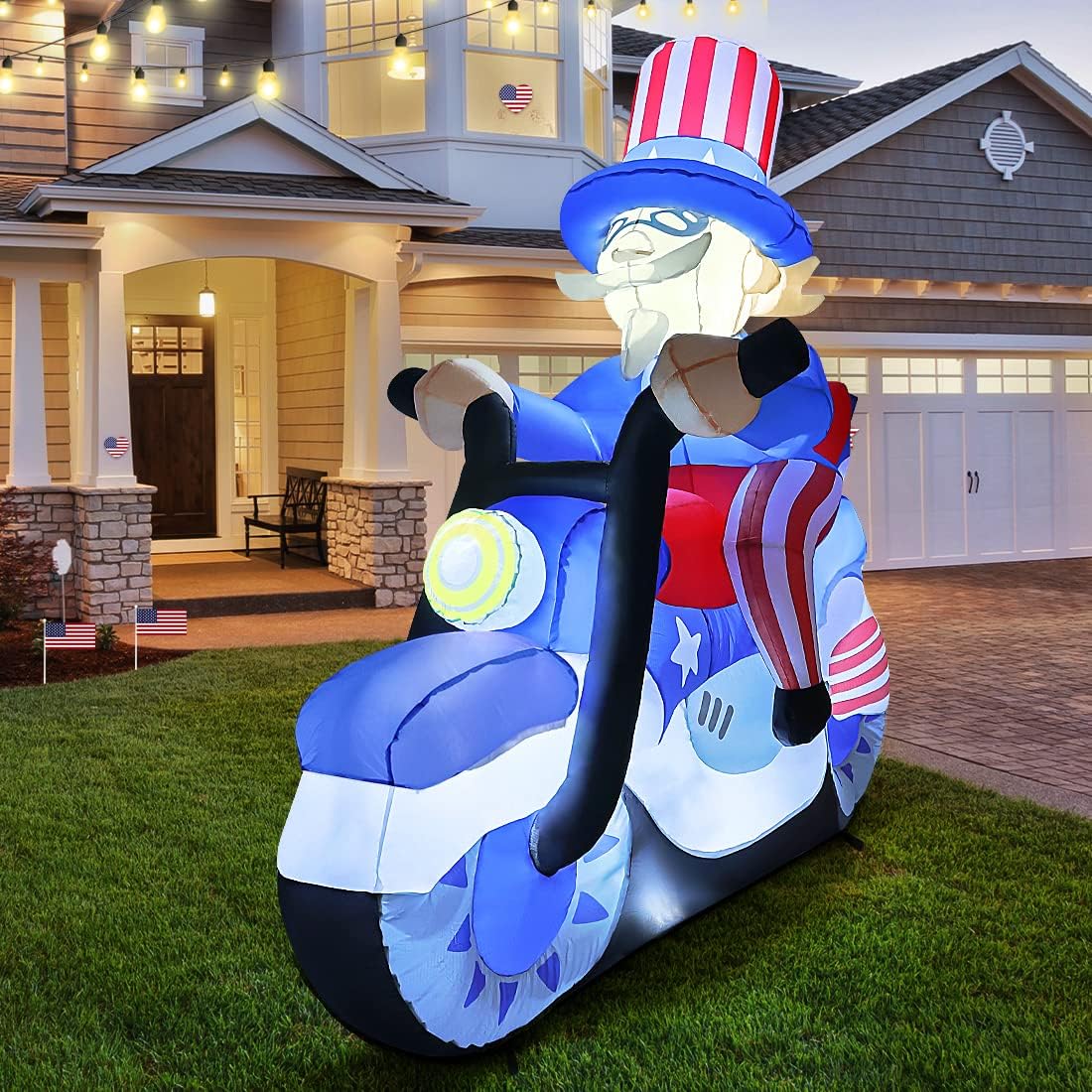 GOOSH 6.4FT Long 4th of July Patriotic Inflatable Uncle Sam on Motorcycle Independence Day Yard Decorations Built-in LEDs