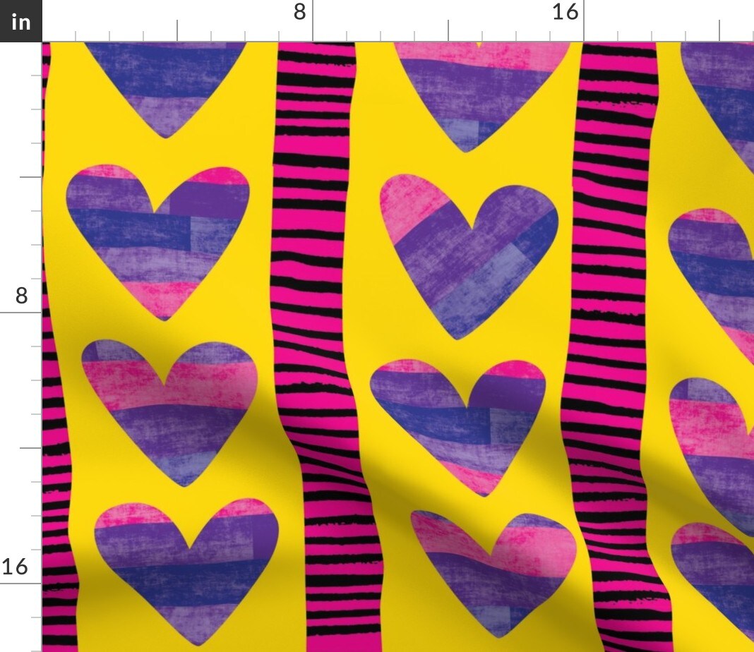 Pride Queer Lgbtqia Month Bi Retro Stripes Hearts Pink Blue Yellow Love Large Scale Custom Printed Fabric by Spoonflower Various Fabrics by the Yard or Fat Quarter