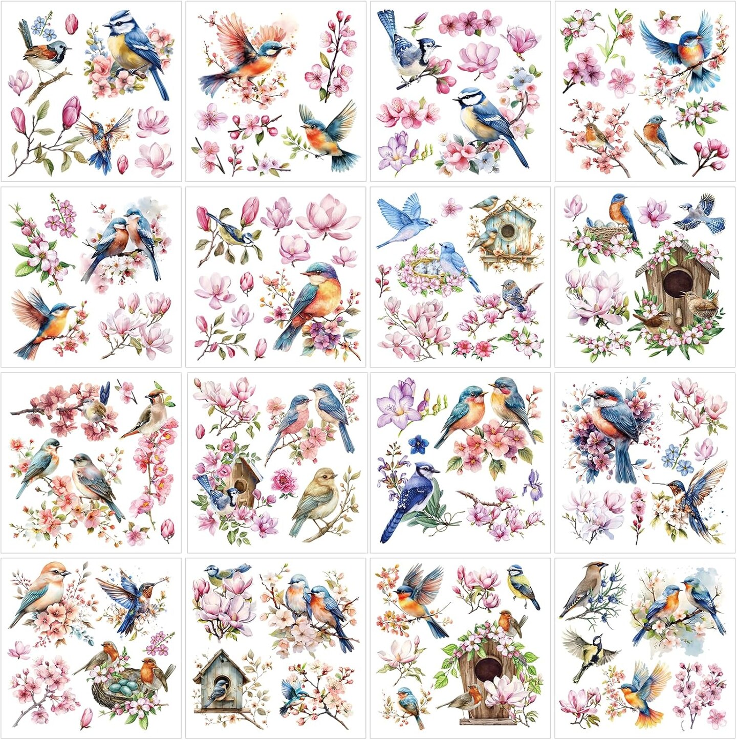 Spring Rub on Transfers for Crafts - 16 Sheets Flower Birds Furniture Decals, Vintage Watercolor Floral Rub on Transfer Stickers for Wood, DIY Home Office Decor 5.7x5.7 Inch