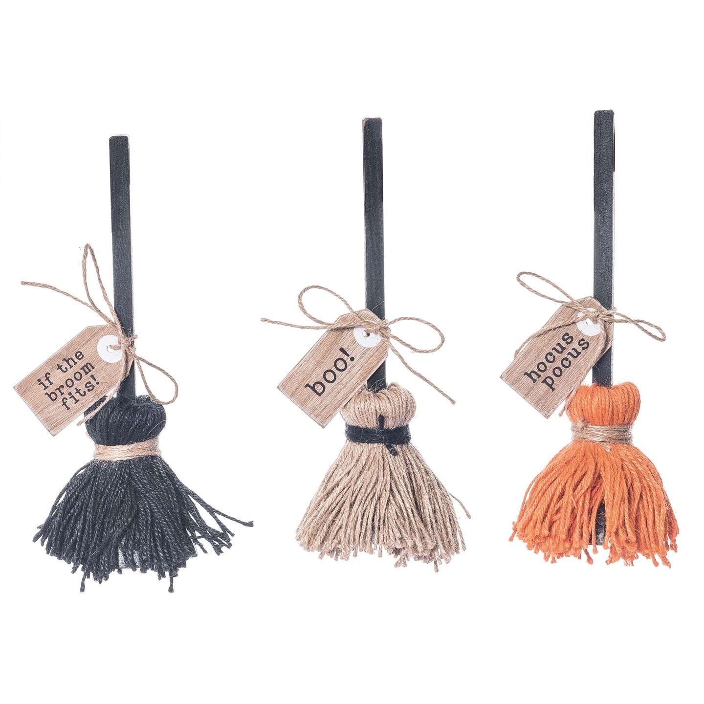 Halloween Harvest White Black Orange Witches Broom Tabletop Set