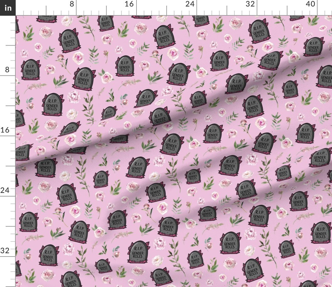 Feminist Novelty Quirky Quote Tombstone Pink Flowers Floral Graveyard Cemetery Gender Studies Identity Feminism Grave Custom Printed Fabric by Spoonflower Various Fabrics by the Yard or Fat Quarter