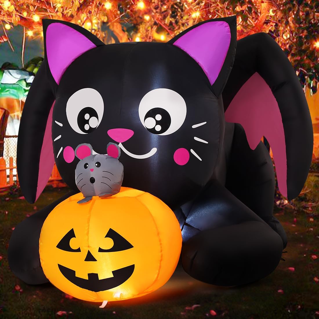 GOOSH 5 FT Halloween Inflatables Cat Blow Up Yard Pumpkin with Built-in LEDs