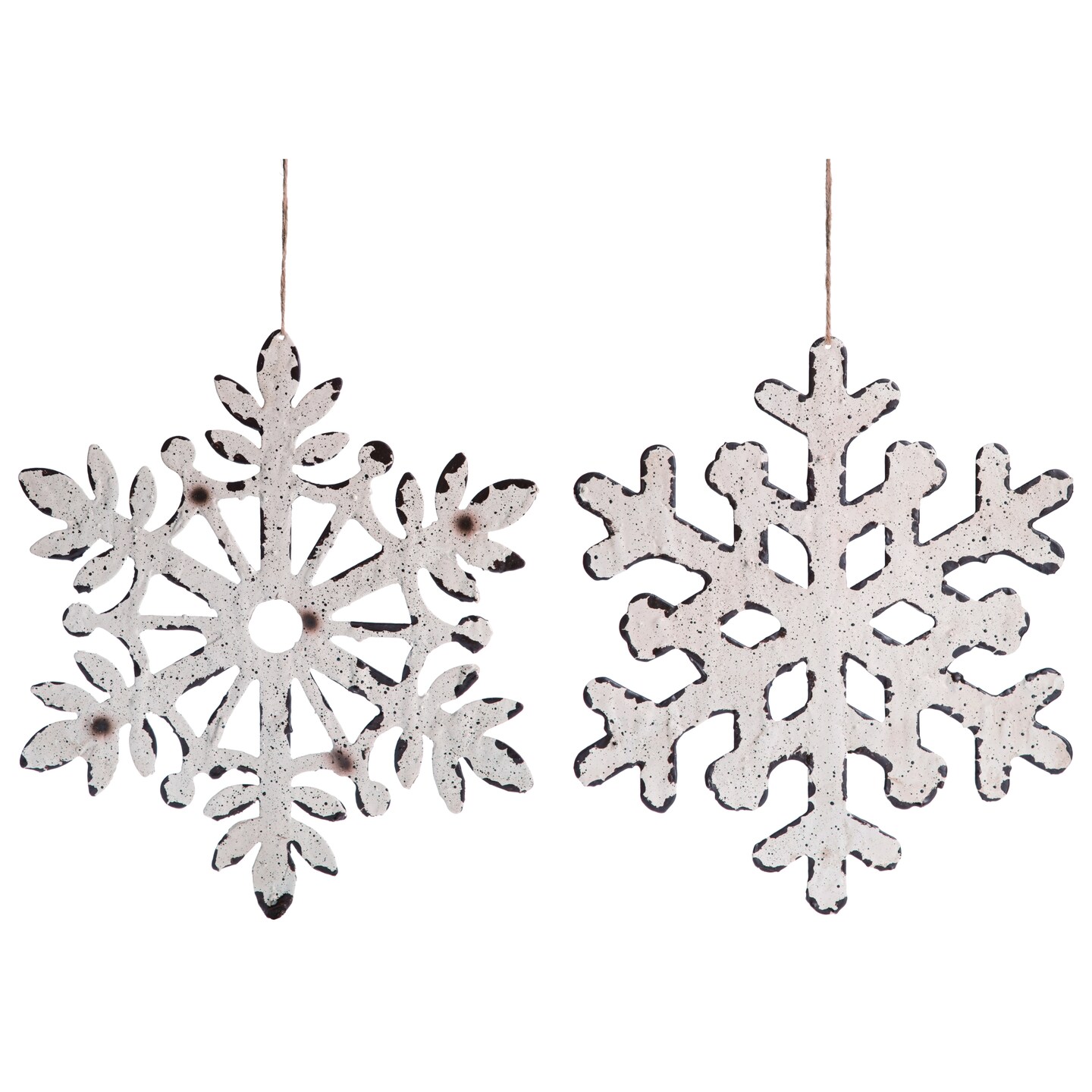 Transpac Large Metal Snowflake Ornament Set of 2, White Christmas Tree Ornaments, Metal, 12in x 10.25in, Indoor Use, Holiday Decor