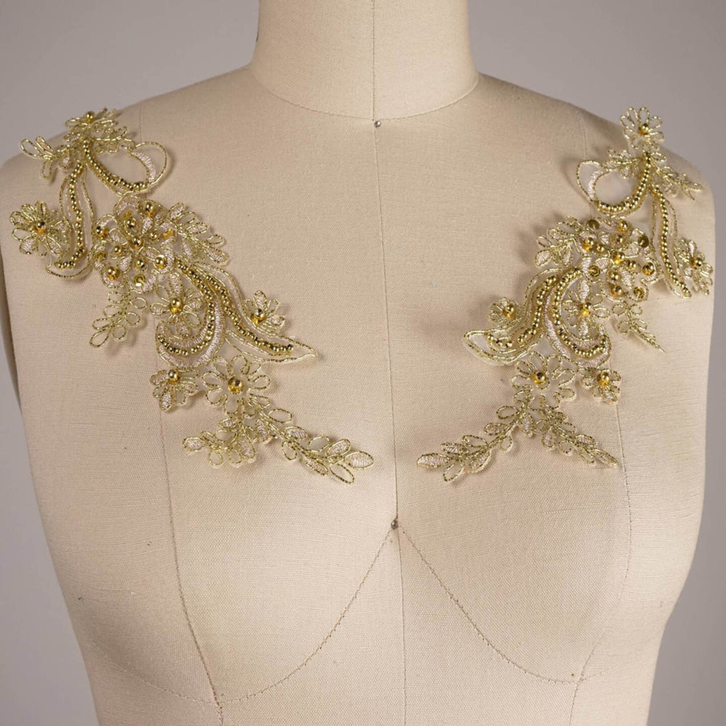 2 Piece 9" Vibrant Gold Beaded Lace Applique for Gowns Costumes or Dancewear Design