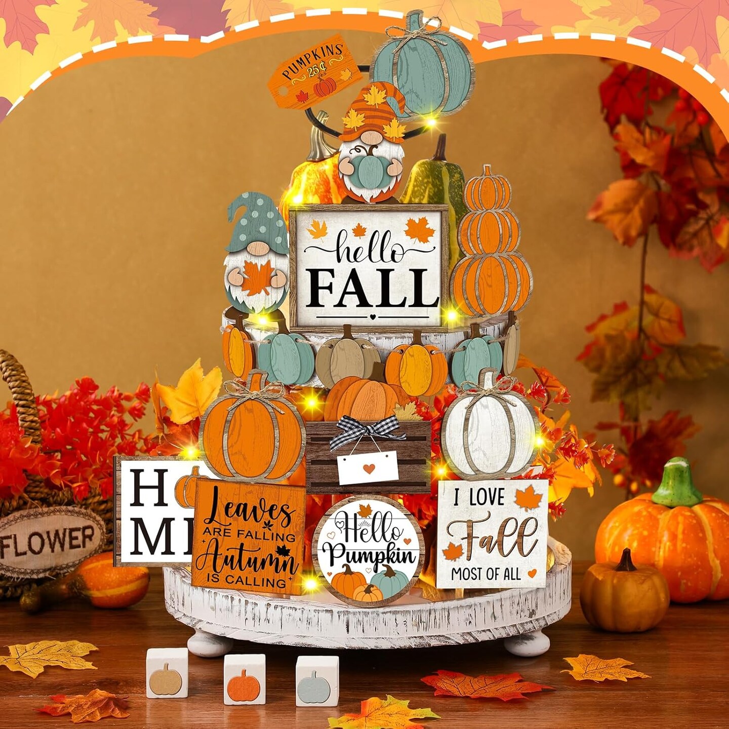 21 Pcs Fall Tiered Tray Decoration Set Thanksgiving Table Sign