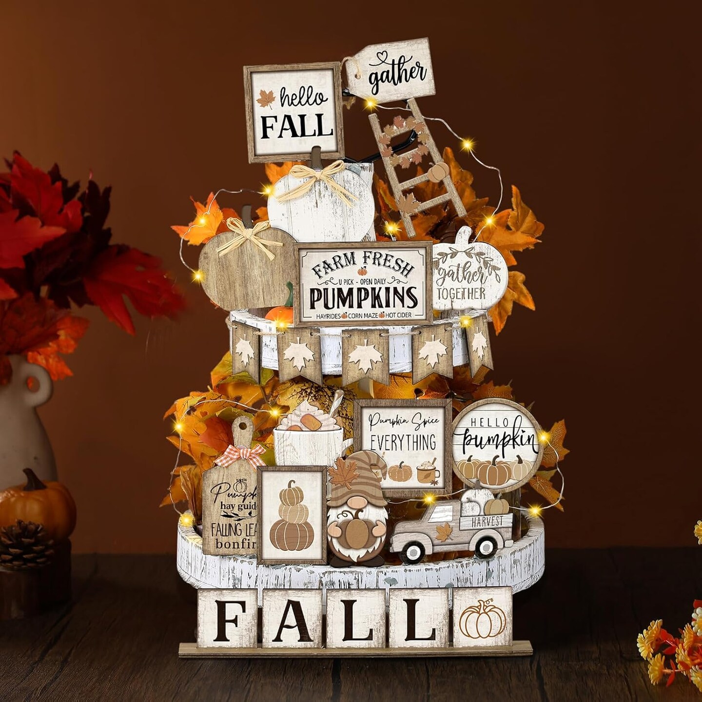 24 Pcs Fall Tiered Tray Decoration Set Thanksgiving Table Sign