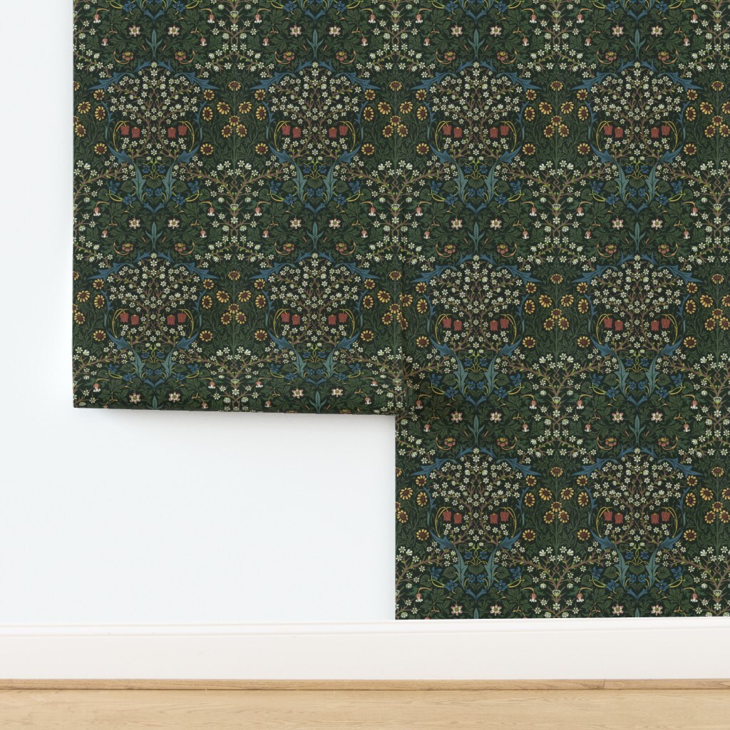 William Morris Dark Green Blue Leaves Vine Floral Art Nouveau Victorian Garden Vintage Custom Removable Wallpaper by Spoonflower Peel & Stick Wallpaper 2FT Wide