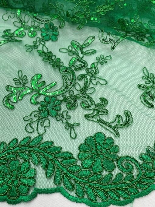 1 Yard Kelly Green Corded Sequin Lace Mesh Fabric with Double Scalloped Edge 54” Wide
