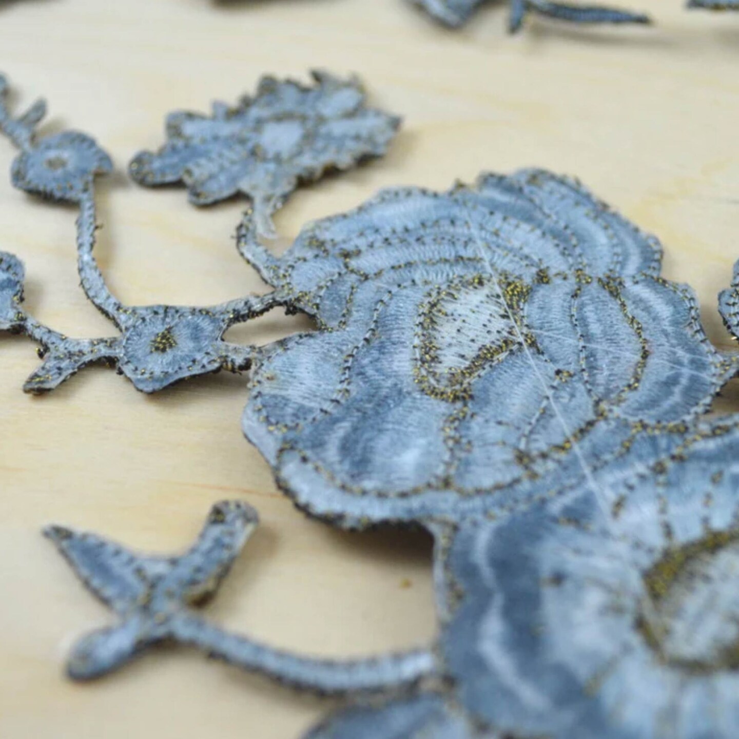 2 Pieces Large Pale Blue Flower Embroidery Patch with Antique Gold Detailing and Iron On Backing