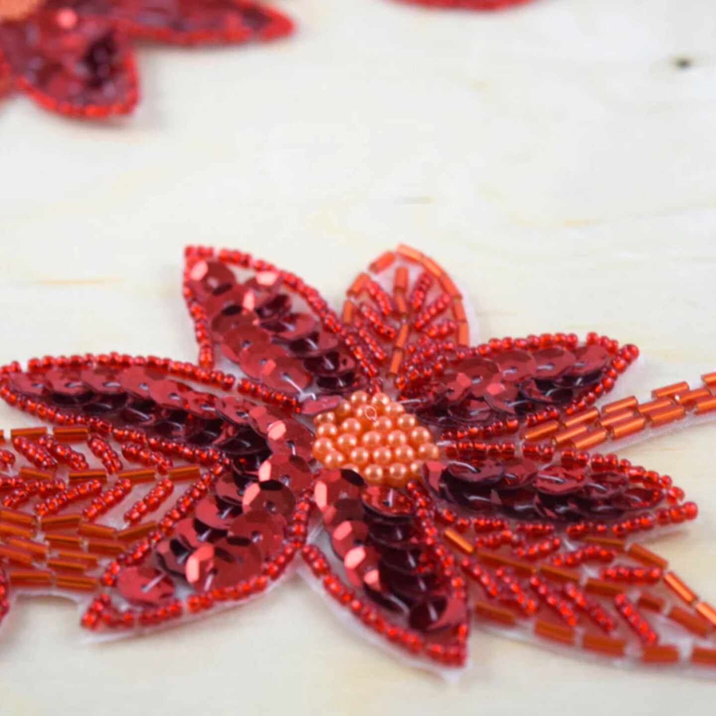 Red Beaded and Sequined Flower Patches Set of 2 Iron On Coral Floral Appliques with Leaves