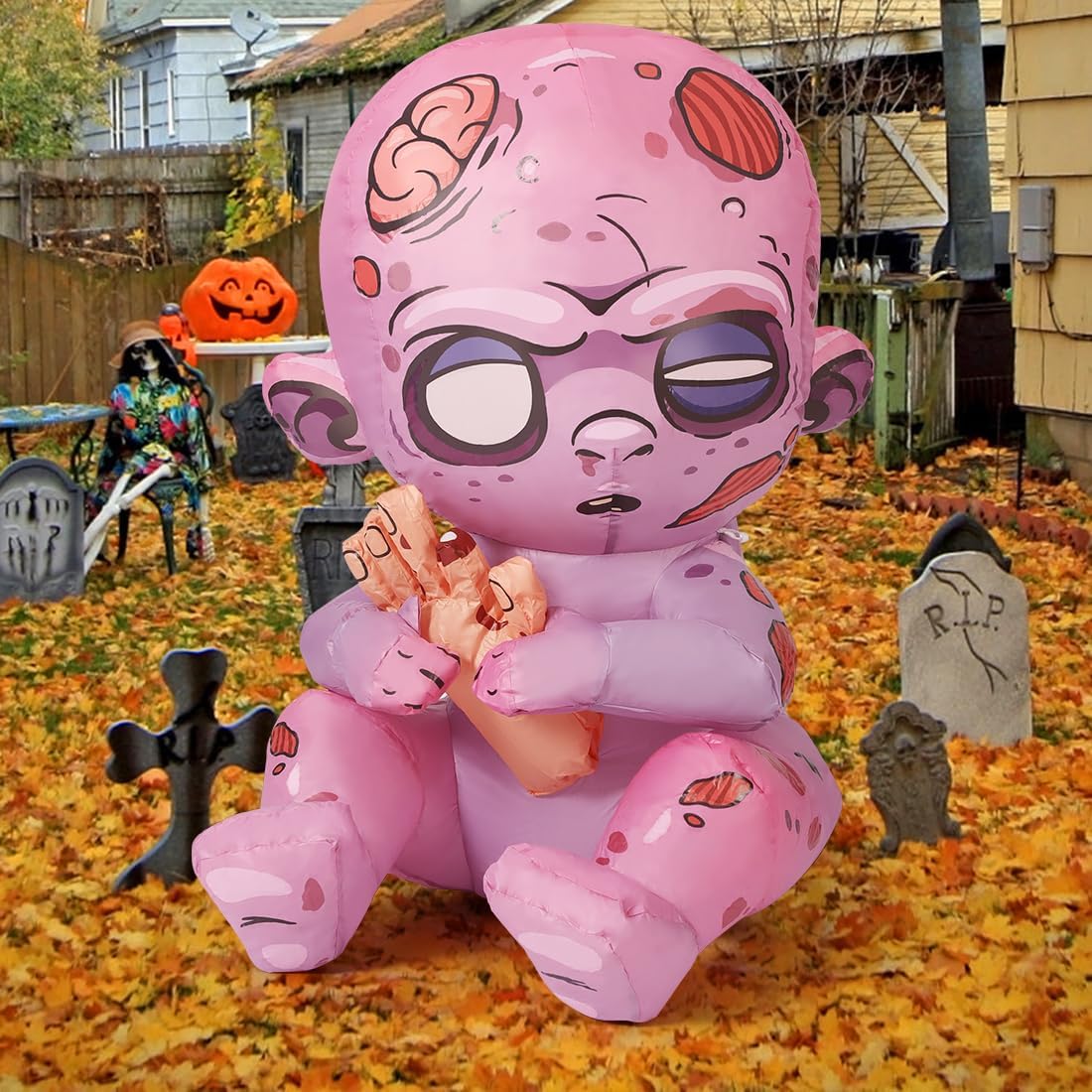 GOOSH 3 FT Halloween Inflatables Zombie Baby Outdoor Decorations Blow Up Yard with Built-in LEDs