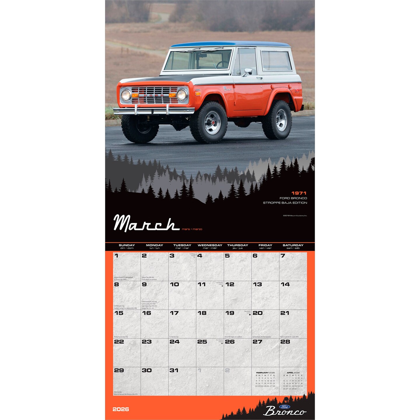 Ford Bronco OFFICIAL | 2026 12 x 24 Inch (Hanging) Monthly Square Wall Calendar | Plastic-Free