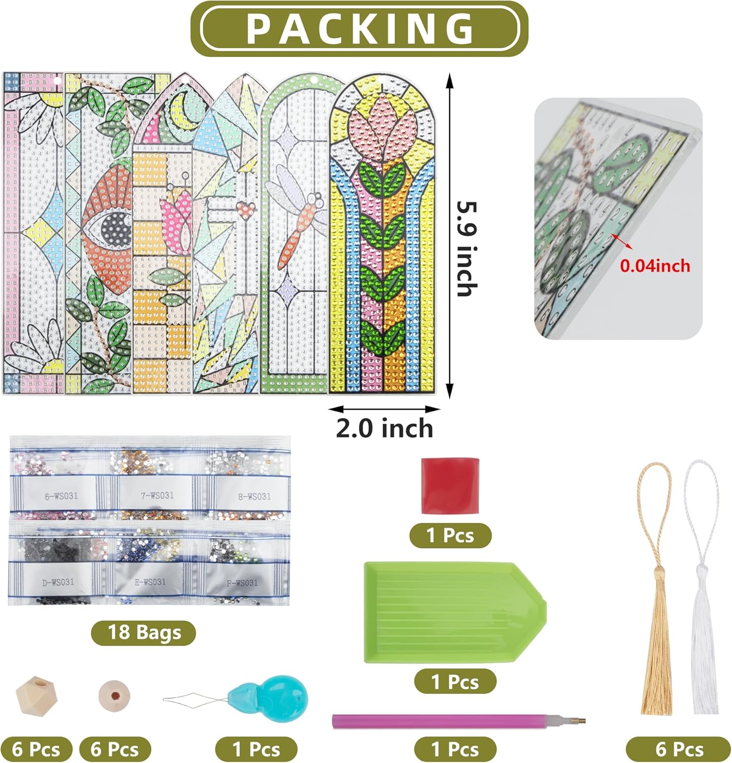 6 PCS 5D Diamond Painting Bookmarks – Stained Glass Acrylic DIY Craft Kit with Tassels & Wood Beads, Rhinestone Bookmarks for Reading & Gift