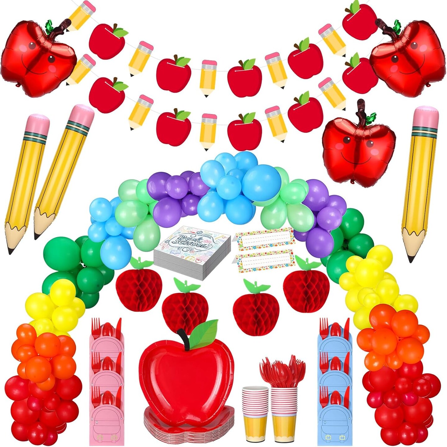 Pencil and Apple Shape Balloon Garland Arch Dinnerware Banner Honeycombs Bulk for First Day Welcome Back to School Party Classroom Decor