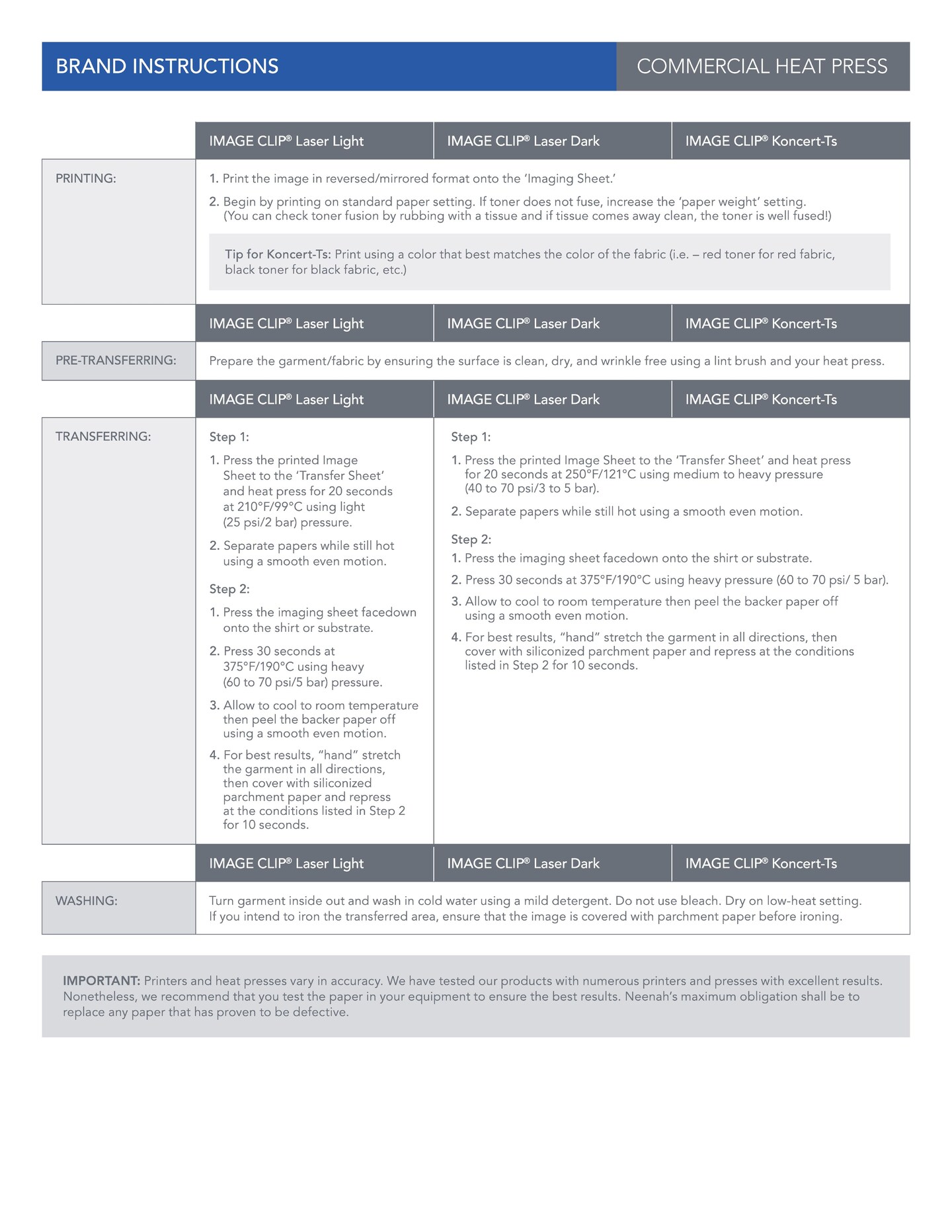 Neenah ImageClip Koncert Ts - Transfer paper for Laser Printer / Dark Colored Garments Sheets 8.5"x11" Made in USA