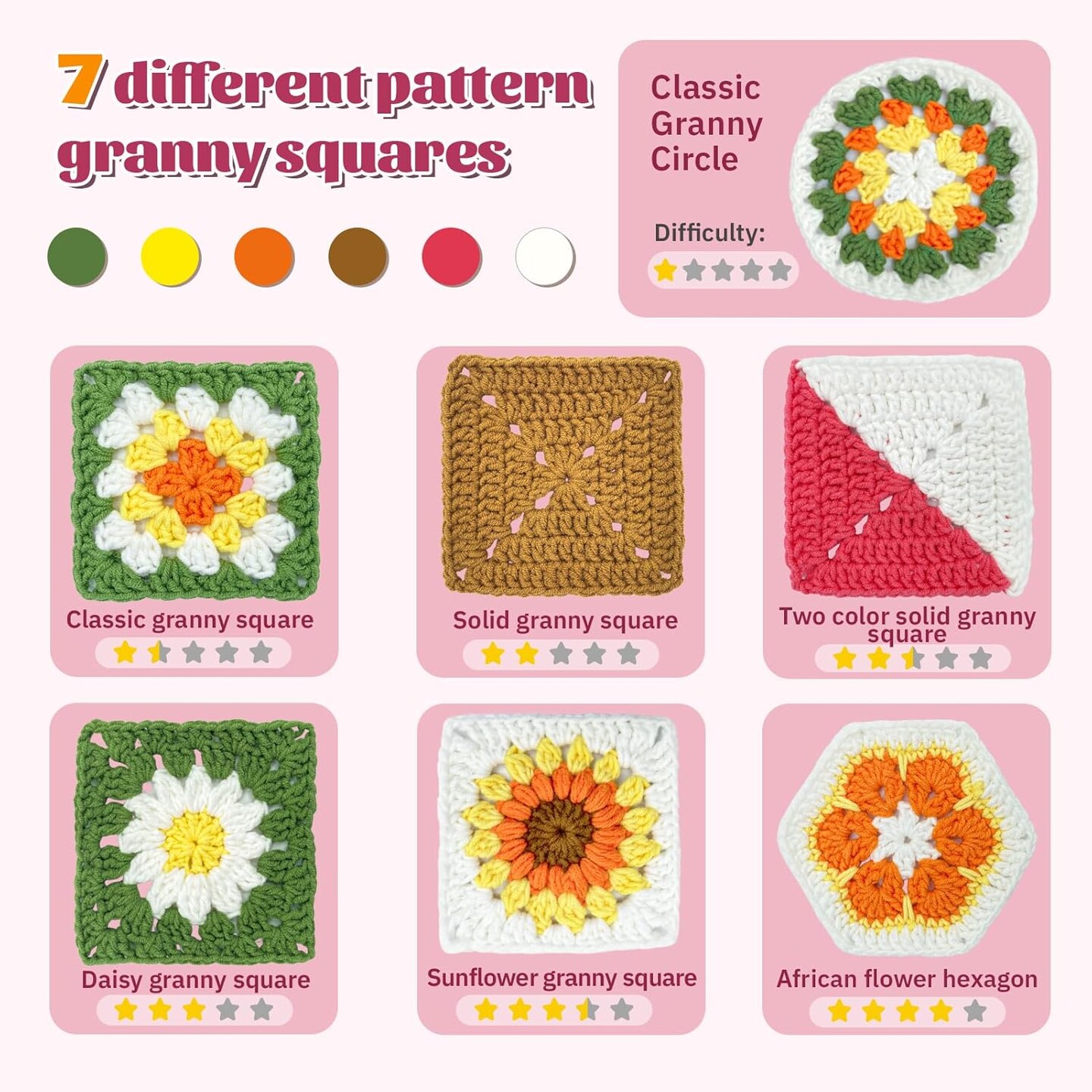 Crochet Kit for Beginners with Step-by-Step Video Tutorials, Granny Squares Beginners Starter Crochet Kit for Women Knitting Kits Learn to Crochet Set (Granny Squares)