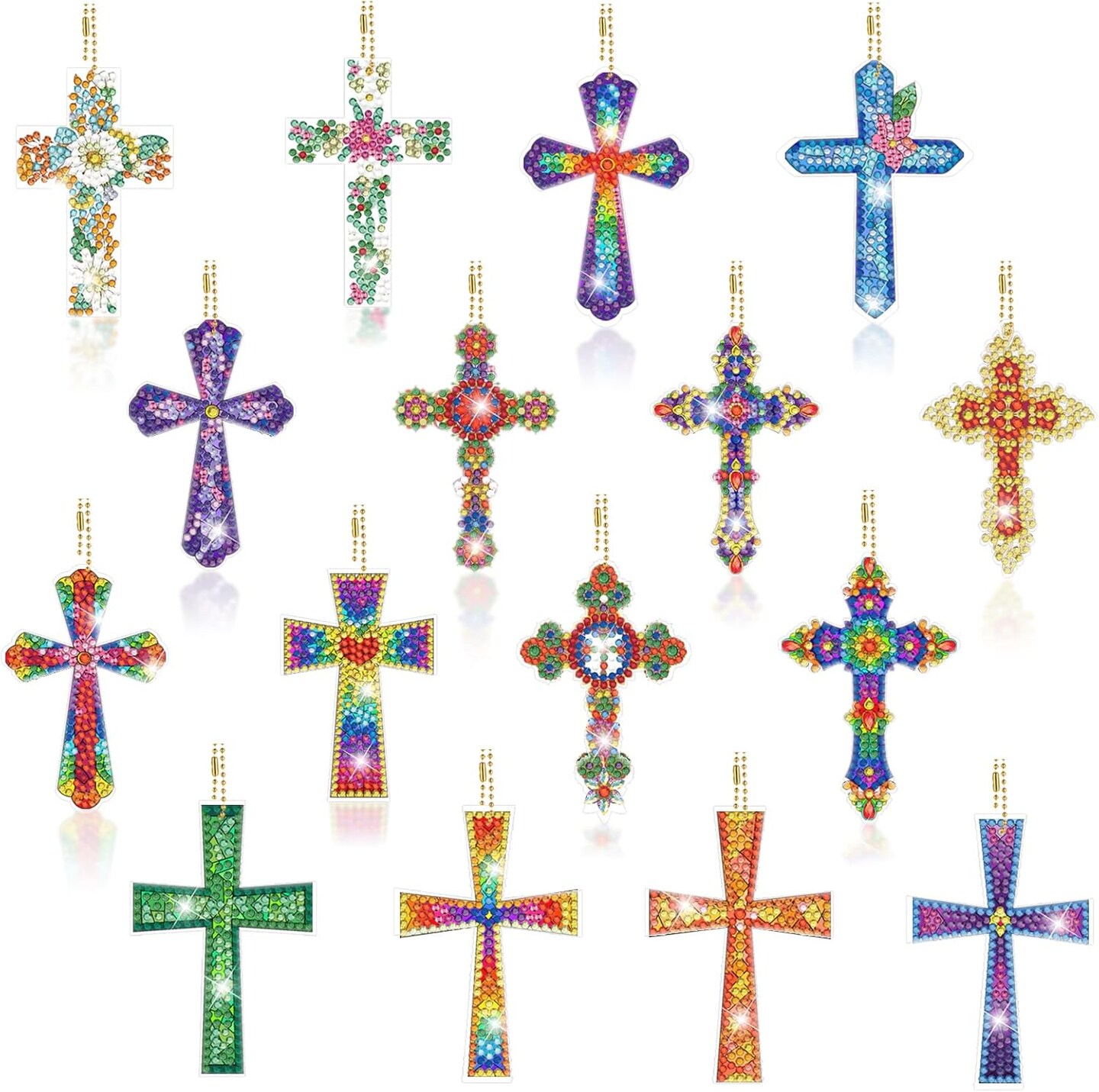 16PCS Double-Sided Cross Diamond Art Keychains – DIY 5D Painting Kits for Adults & Beginners, Religious Craft Gift
