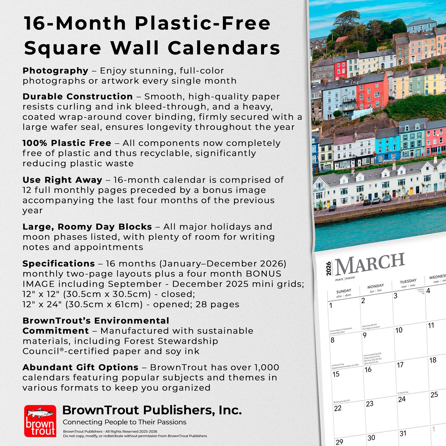 Ireland | 2026 12 x 24 Inch (Hanging) Monthly Square Wall Calendar | Plastic-Free