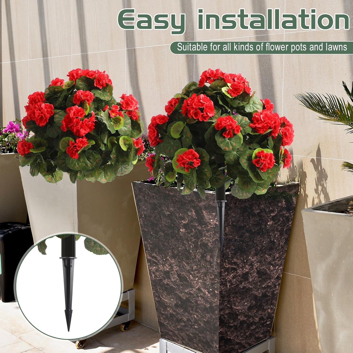 2-Pack 22'' Artificial Geranium Topiary Balls – Outdoor Faux Shrub with Ground Spikes, Potted or Hanging, Easy to Shape, Garden, Porch & Home Décor (Red and Green)