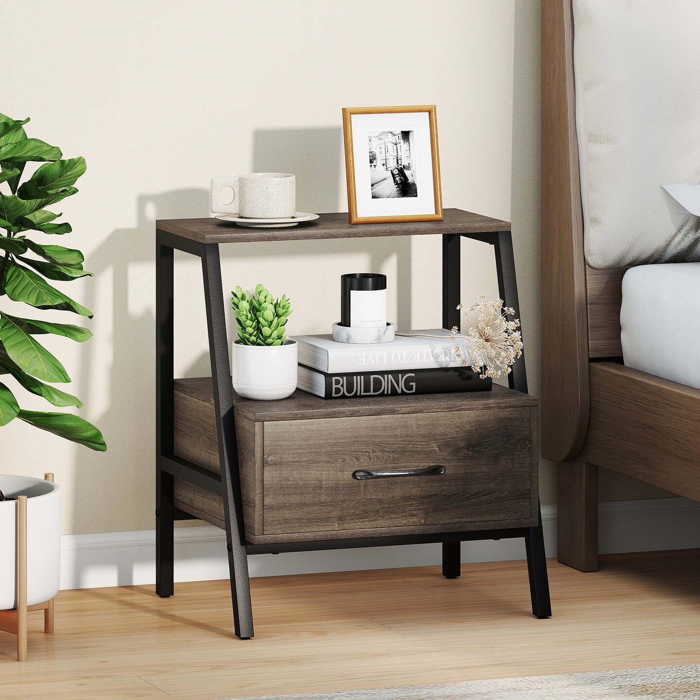 Gray-Black Farmhouse Nightstand with 3 Open Shelves End Table