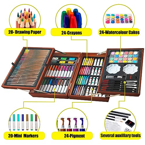 139 Piece Art Sets & Crafts Kit with Sketch Pads, Deluxe Wooden Box for Artist Beginners Girls Boys (Light Brown)