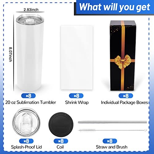 8 Pieces Sublimation Tumblers Blank 20 oz Straight Skinny Bulk for Heat transfer, Double Wall Insulated Tumbler with Lids, Straw, Rubber Bottoms, Individually Gift Boxed and Shrink Wrap Films