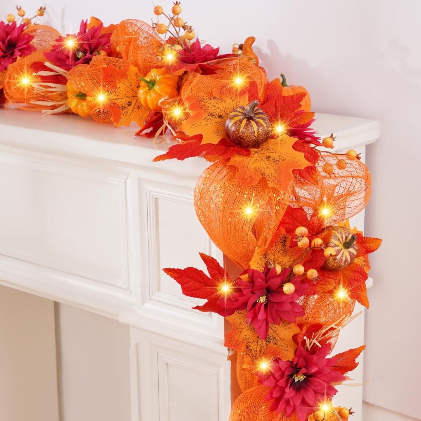 Fall Leaves Garland, 5.9FT Fall Garland with Lights for Mantle, Autumn Pumpkins Mesh Ribbon Fall Leaf Garland for Home Decoration