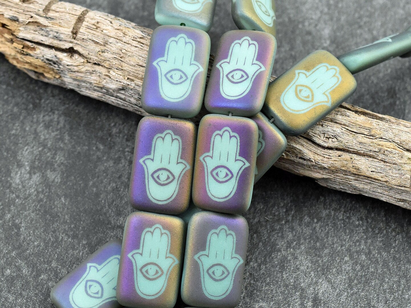 *6* 12x18mm Matte Turquoise Sliperit Laser Etched Hamsa Design Rectangle Beads