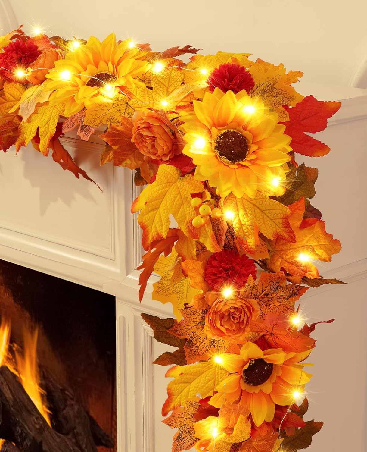 Garland for Mantle, Fall Garland with Lights Sunflower Maple Leaves Peony Marigold for Home Indoor Outdoor Decor