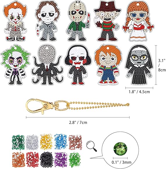 Halloween Diamond Art Keychains Horror Movie DIY Diamond Keychain Scary Stuff Halloween Gifts for Wome