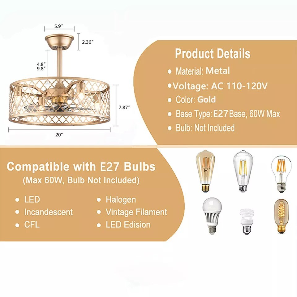 Industrial Ceiling Fan Light Cage Chandelier Lamp Living Room+Remote Control