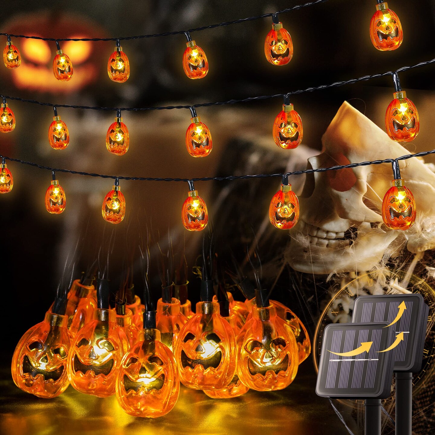 2 Pack Solar Powered Halloween Pumpkin String Lights, 20ft, 30 LEDs, 8 Lighting Models, Waterproof, Indoor/Outdoor Use
