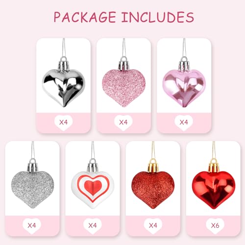 30 Pieces Heart Ornaments for Christmas Tree, Valentines Day Decorations for Tree, Heart Shaped Ornaments for Valentines Day Decor, 7 Styles