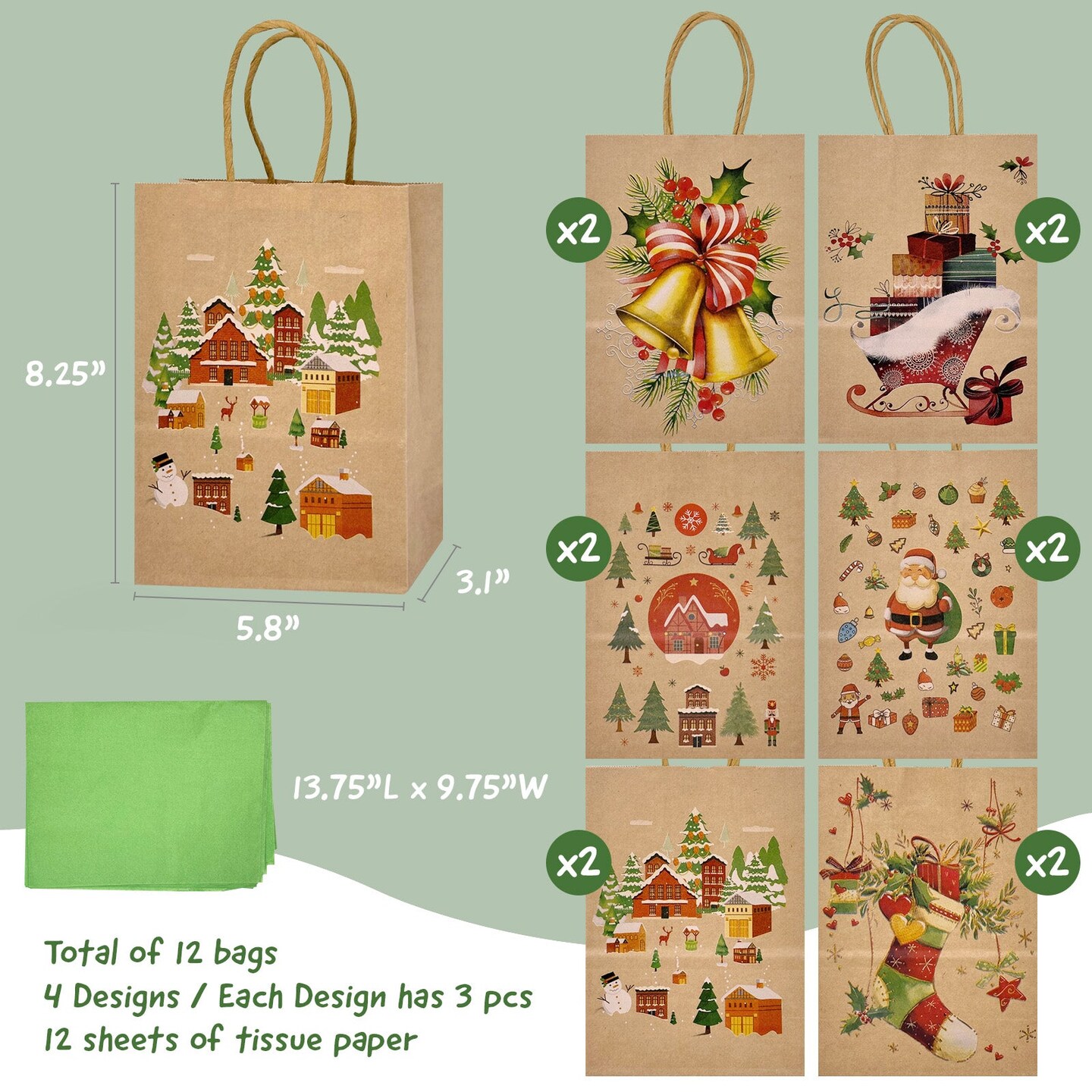 Wrapables Christmas Holiday Kraft Gift Bags with Handles and Tissue Paper for Gift Wrap, Parties, Favors and Treats (Set of 12), Christmas Time