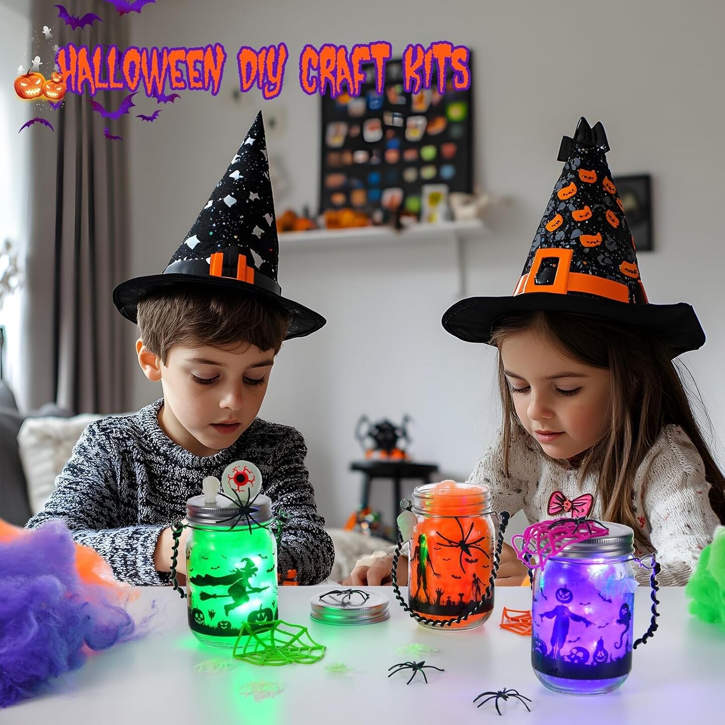 Halloween DIY Lantern Craft Kit, 3 Pack Glass Mason Jar with Accessories Halloween Crafts for Kids Adults Halloween Garden Creative Activities Halloween Decoration Art Project Gifts