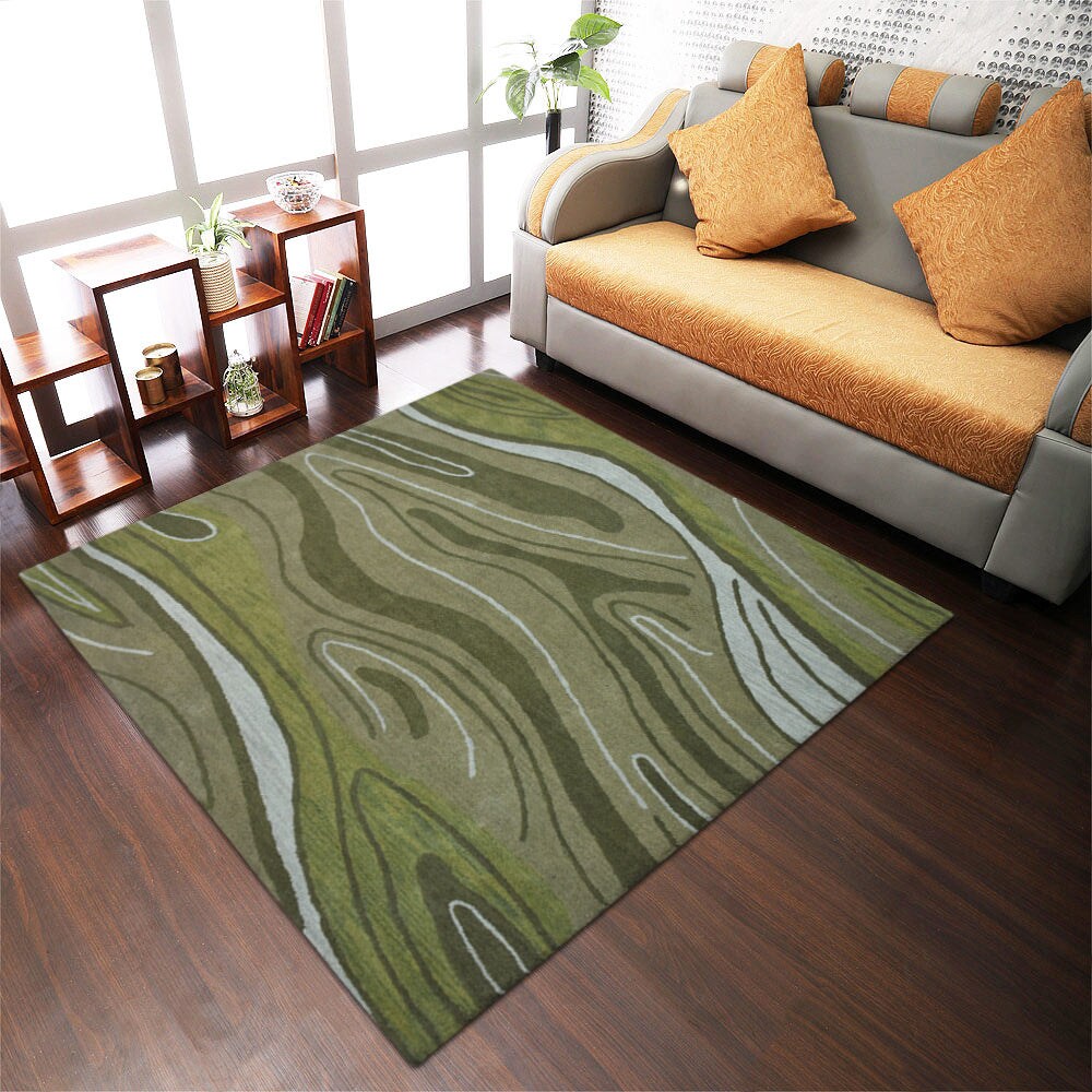 Hand Tufted Wool Area Rug Green Abstract 5X8 Eco-Friendly K00672 Durable Soft